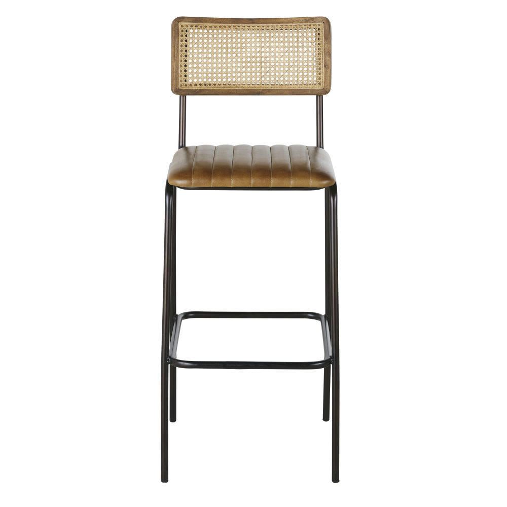 Dalston Business - Chaises de bar professionnelles en cuir marron, métal noir et cannage en rotin (x2)