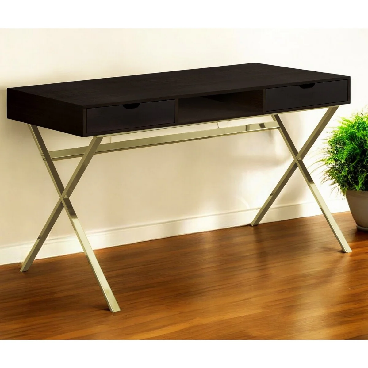 Dark Brown Wood Computer Desk with Gold Metal Base and 2 Drawers