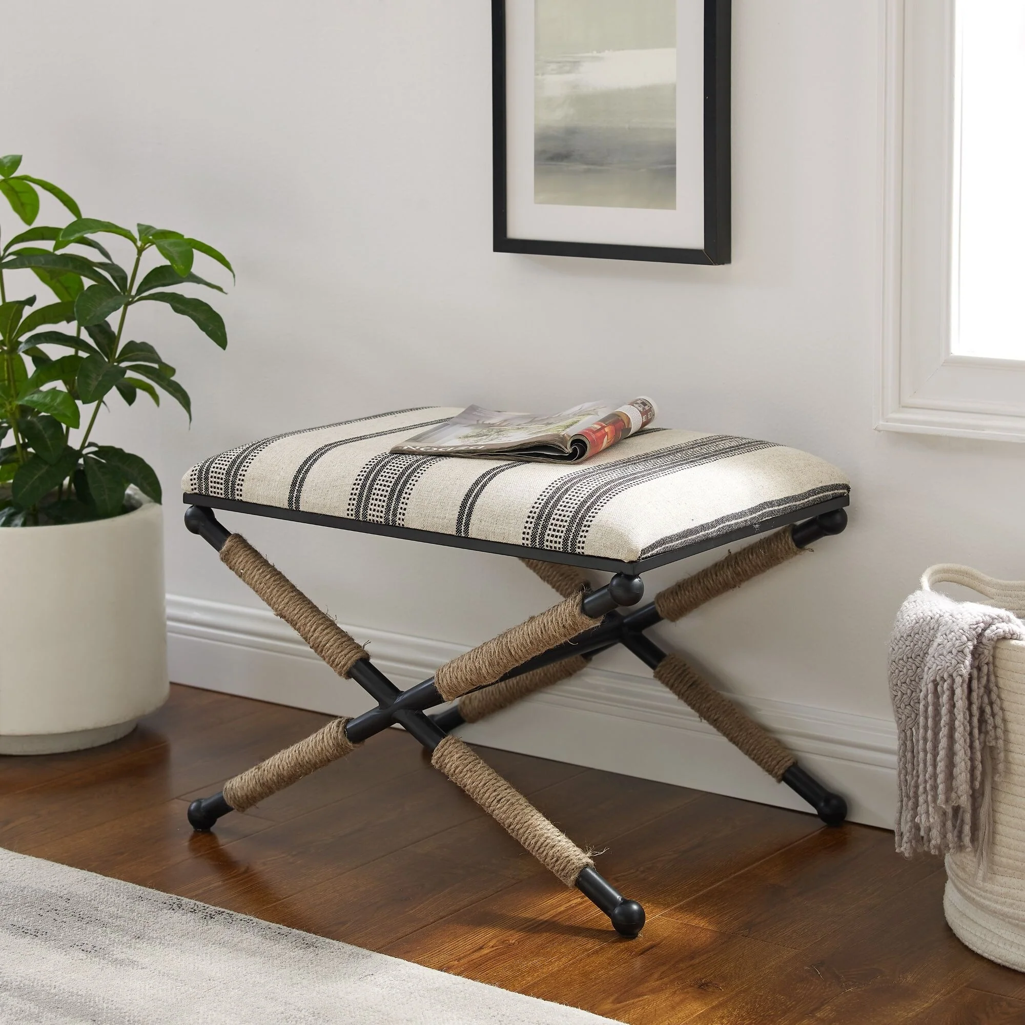 Upholstered Rectangular Top Striped Ottoman - 24 - Black