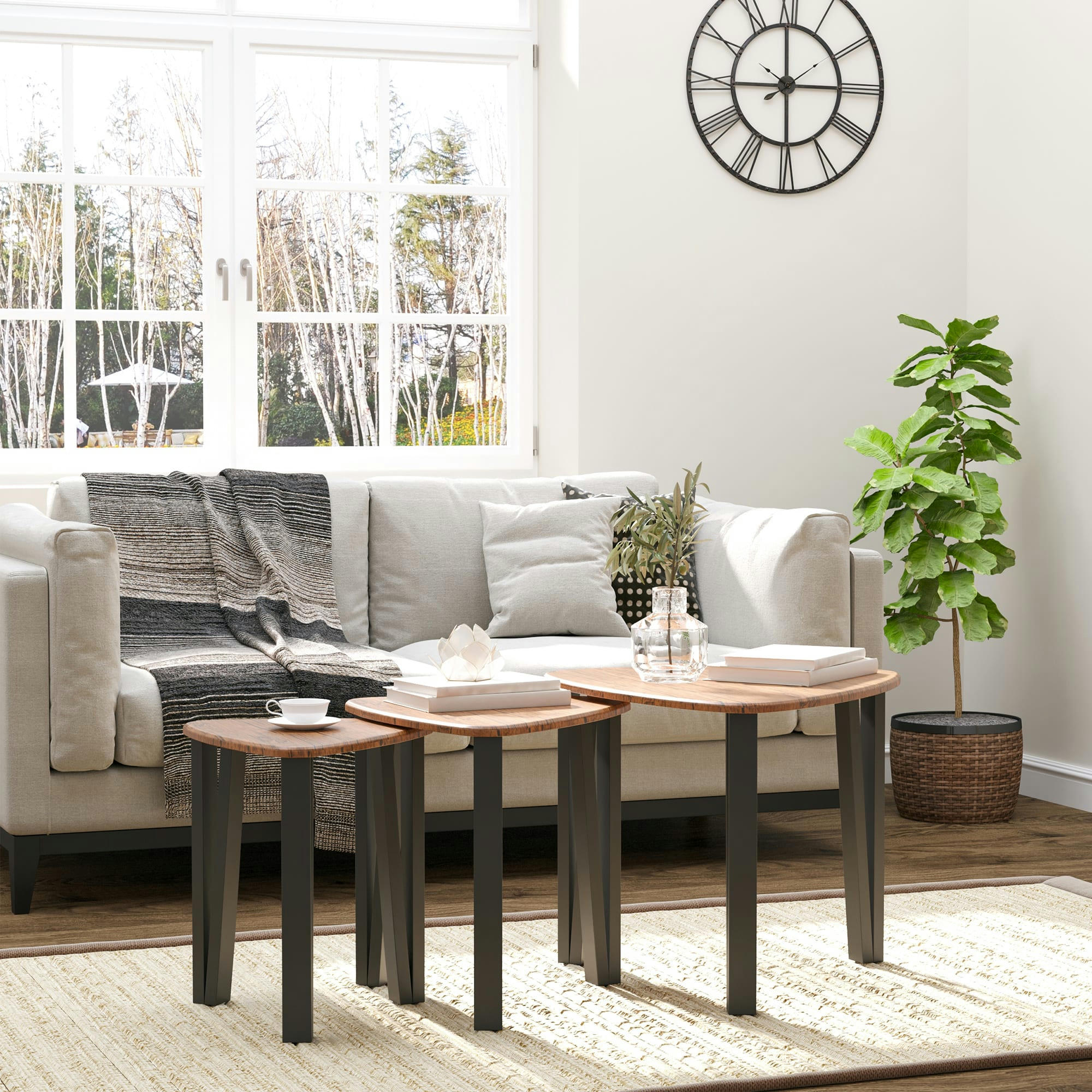 - Lot de 3 tables basses gigognes encastrables design aspect noyer