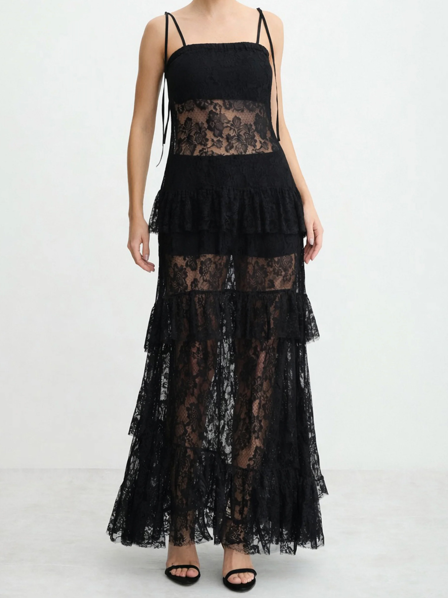 Elegant Spaghetti Strap Tiered Lace Sheer Maxi Dress