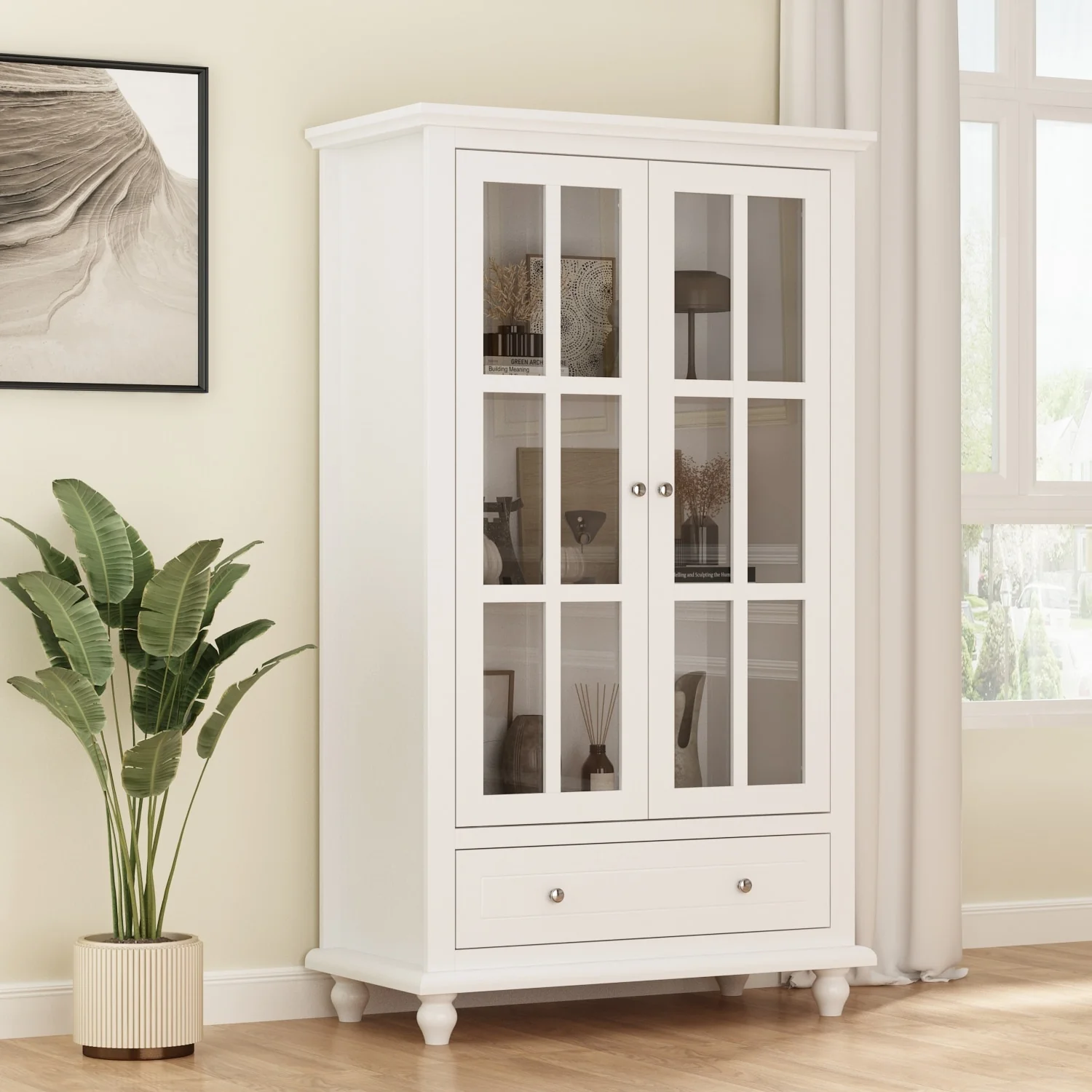 Kerrogee 55.1H Bookcase Display Cabinet China Cabinet Glass Door