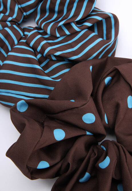 Womens 2pk Chocolate Brown & Blue Polka Dot Scrunchies