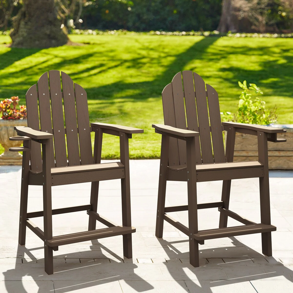 LUE BONA Outdoor Adirondack Chairs with Cup Holder Bar Height Adirondack Bar Stool with Arms for Patio, Garden, Deck (Set of 2)