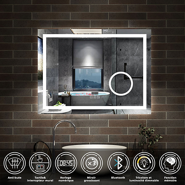 Miroir de salle de bain LED 80x60cm tricolore anti-buée   loupe   bluetooth   horloge   mémoire   dimmable, AICA SANITAIRE
