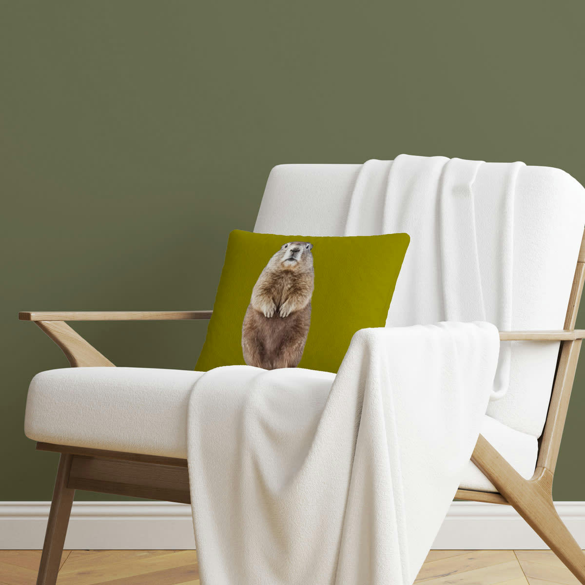 - Coussin déco animal marmotte vert velours 40x40cm