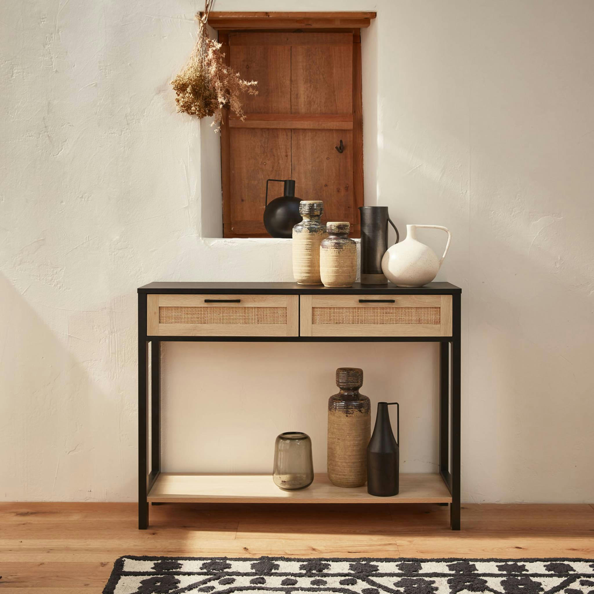 BIANCA - Console noire et cannage 100 x 30 x 75cm