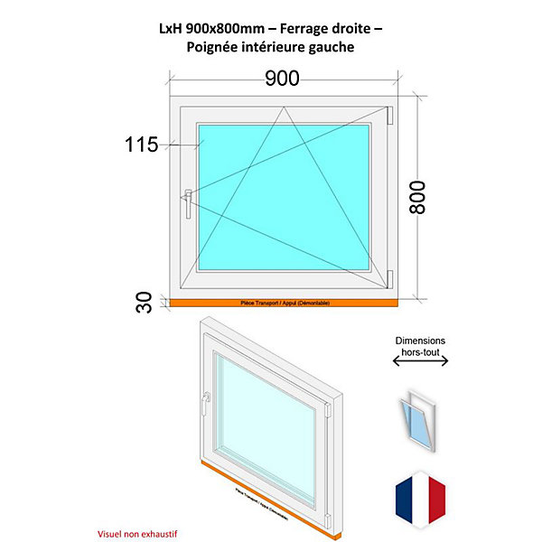 Fenêtre PVC - LxH 900x800 mm -Triple Vitrage - Bicolore blanc int/anthracite ext-poignée à gauche