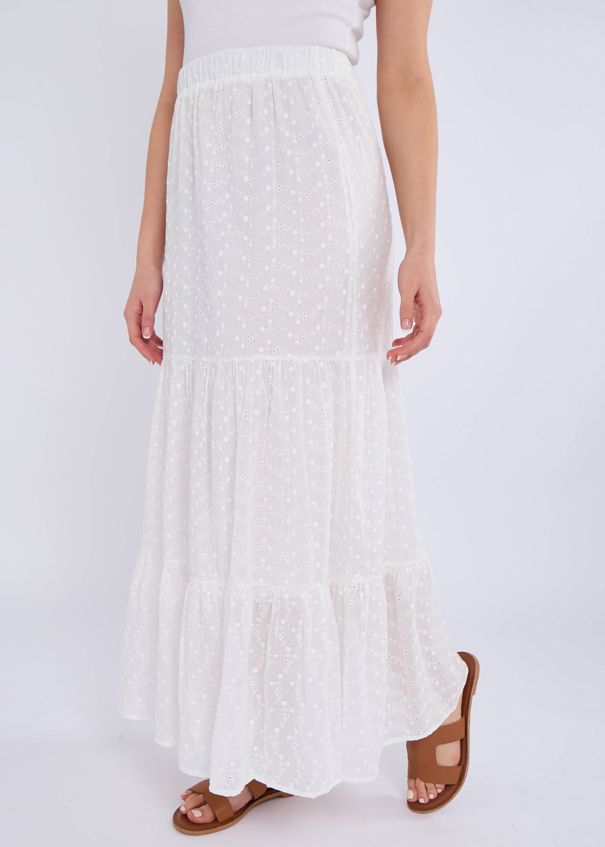 Gini London White Cotton Broderie Skater Maxi Skirt