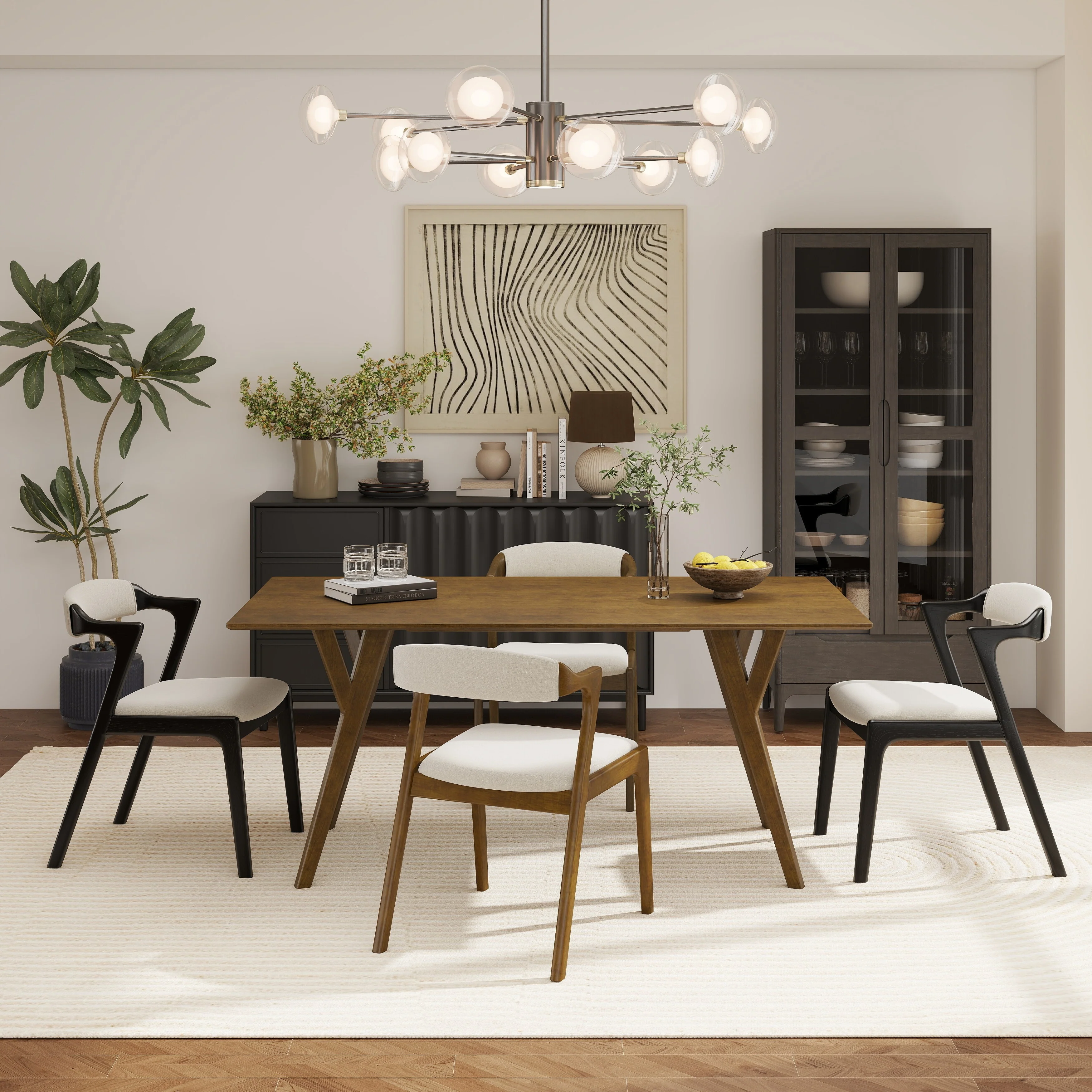 Roundhill Furniture Lavin Modern 5-Piece Dining Set, Dining Table with 2 Walnut and 2 Black Chairs