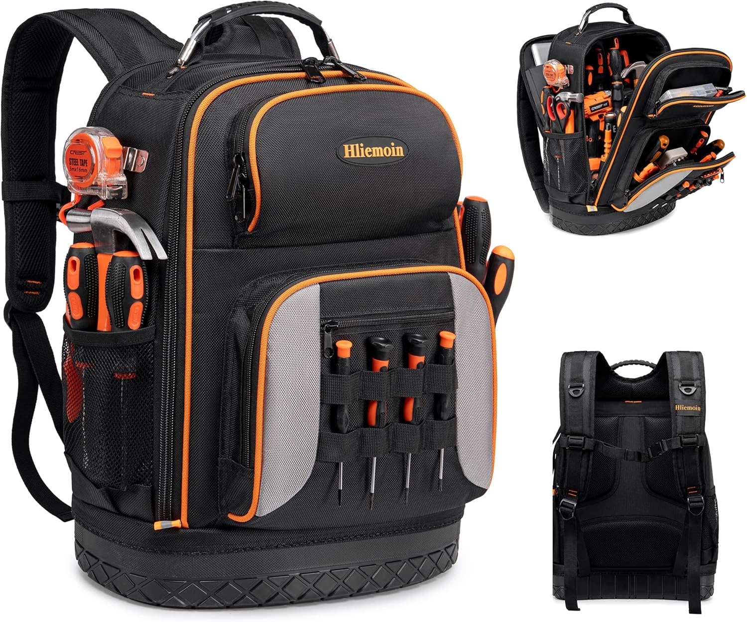 Tool Bag Backpack Heavy Duty 1680D Oxford, 75 Pockets & Loops Electrician Backpack, Large HVAC Tool Bags with Hard Bottom, Construction Work Technician Backpacks with 16’’ Laptop Compartment for Men