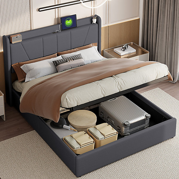 Lit double 140x200 cm en lin gris avec rangement, LED, ports USB &Type-C, Design moderne et pratique pour chambre adulte