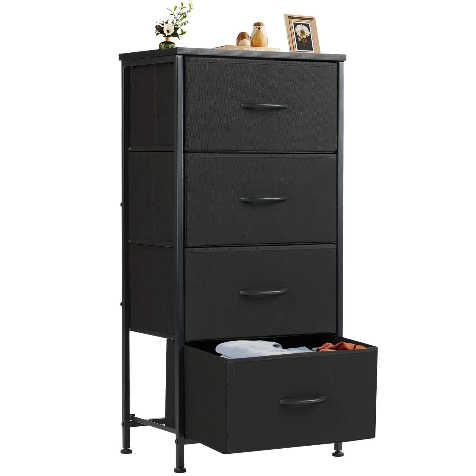 4-Drawer Vertical Chest with Metal Handle, Metal Frame and Wood Top for Bedroom