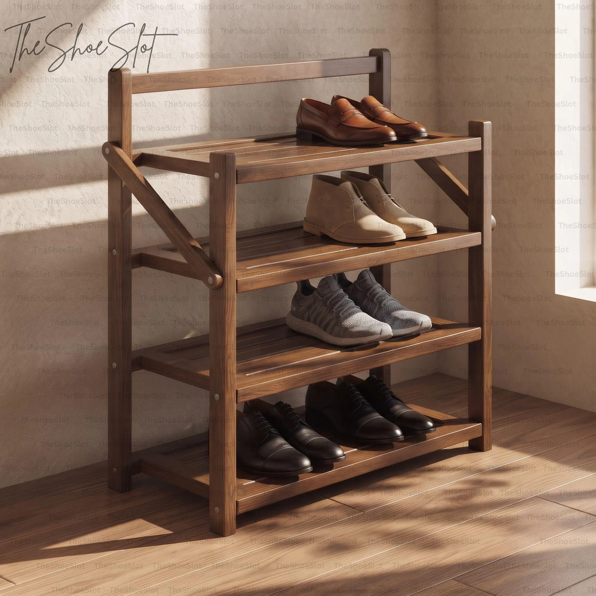 4 Tier Wood Grain Shoe Rack Organizer, Space Saving Shelf, Foldable Shoe Rack, Shoe Organizer for Entryway Storage