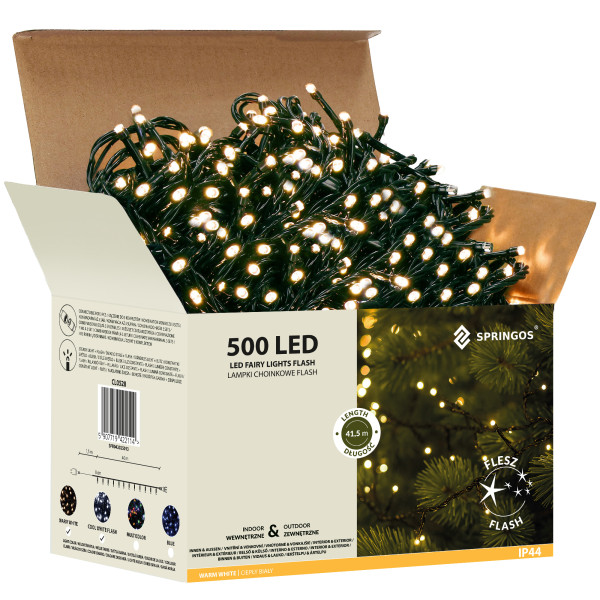 Lampki choinkowe 500 Led biały ciepły, flash oświetlenie