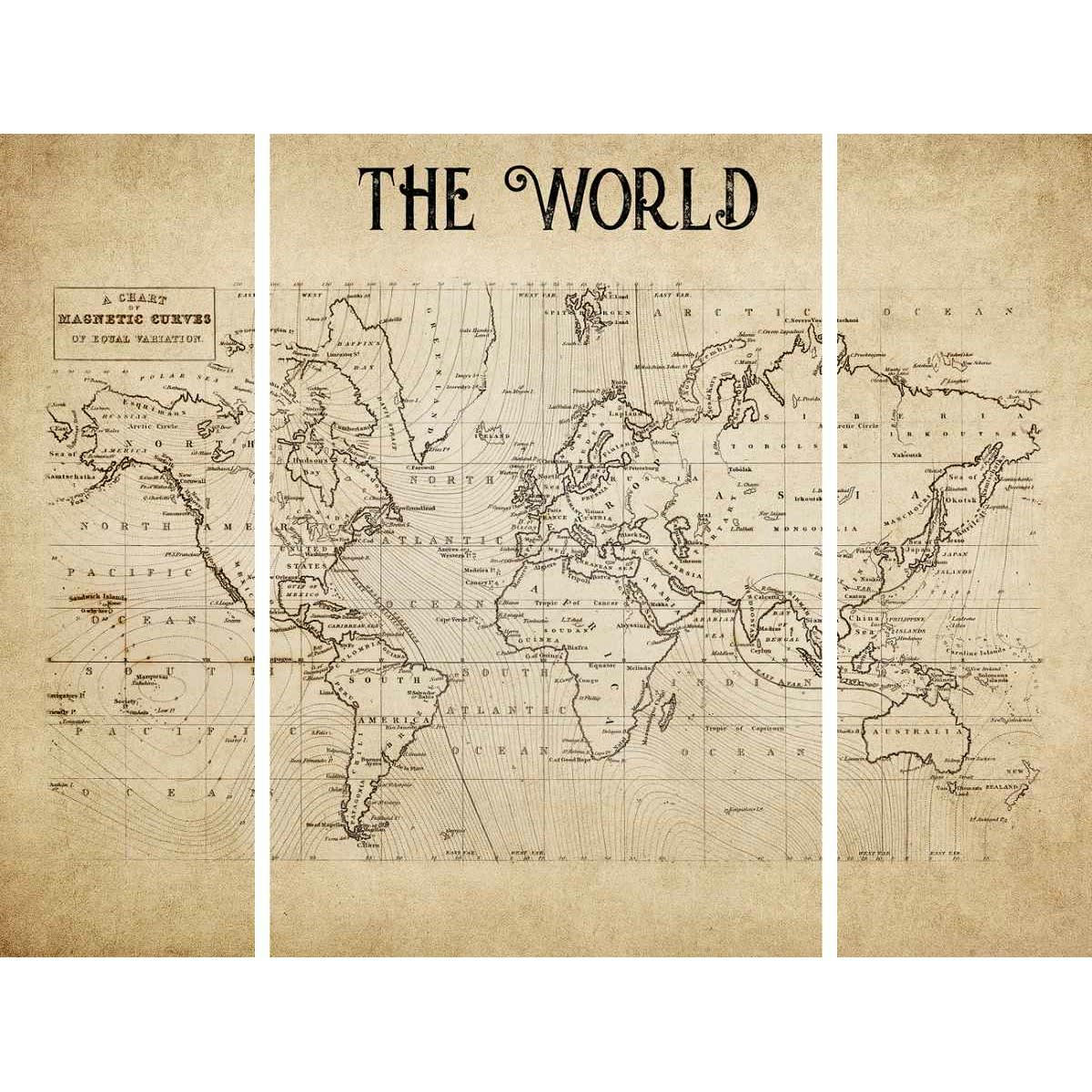 CLASSIQUE INTEMPOREL - Triptyque sur toile world map 125x97 cm