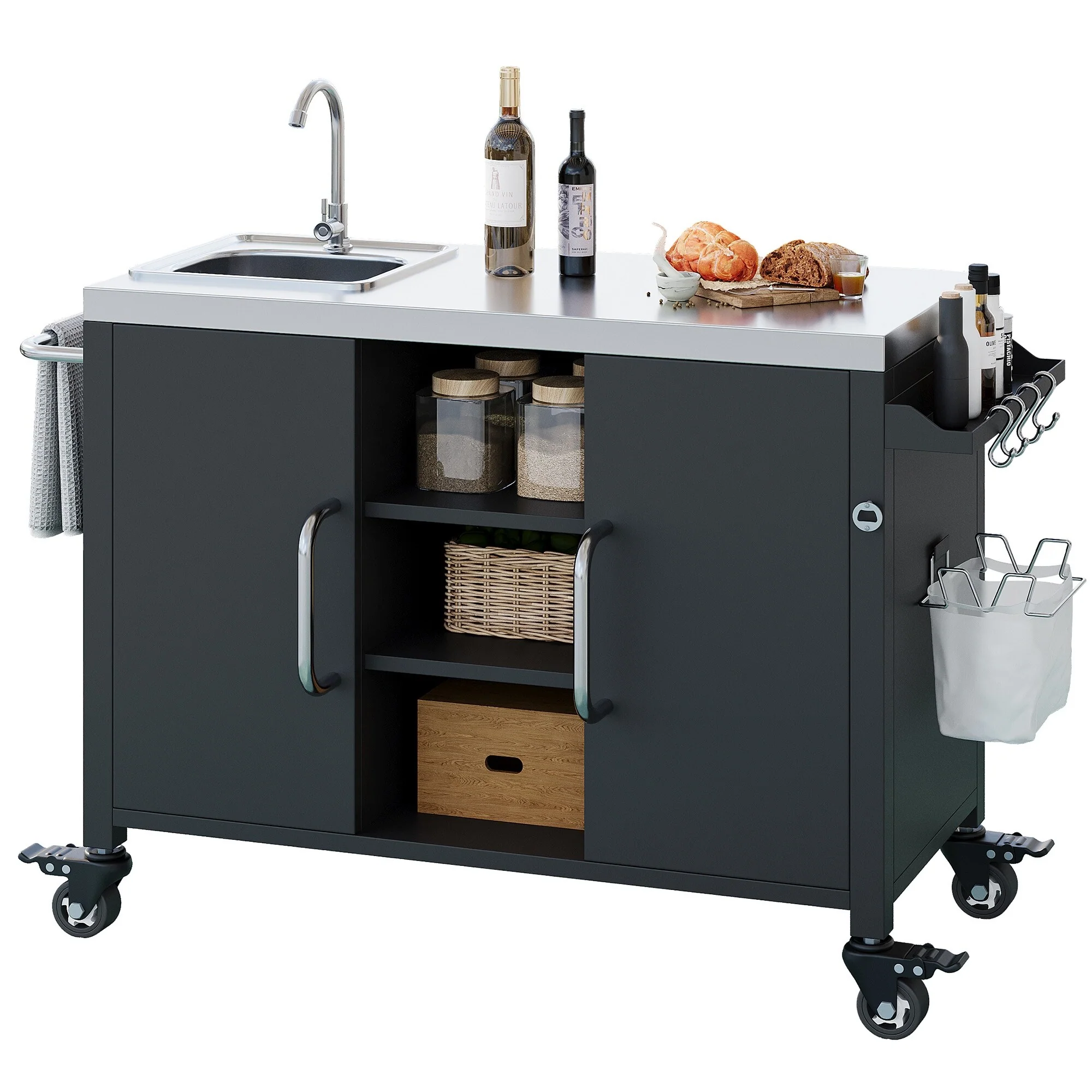 55.5 Kitchen Island with Sink, Metal Grill Cart Table Outdoor Bar Cart Sink Station