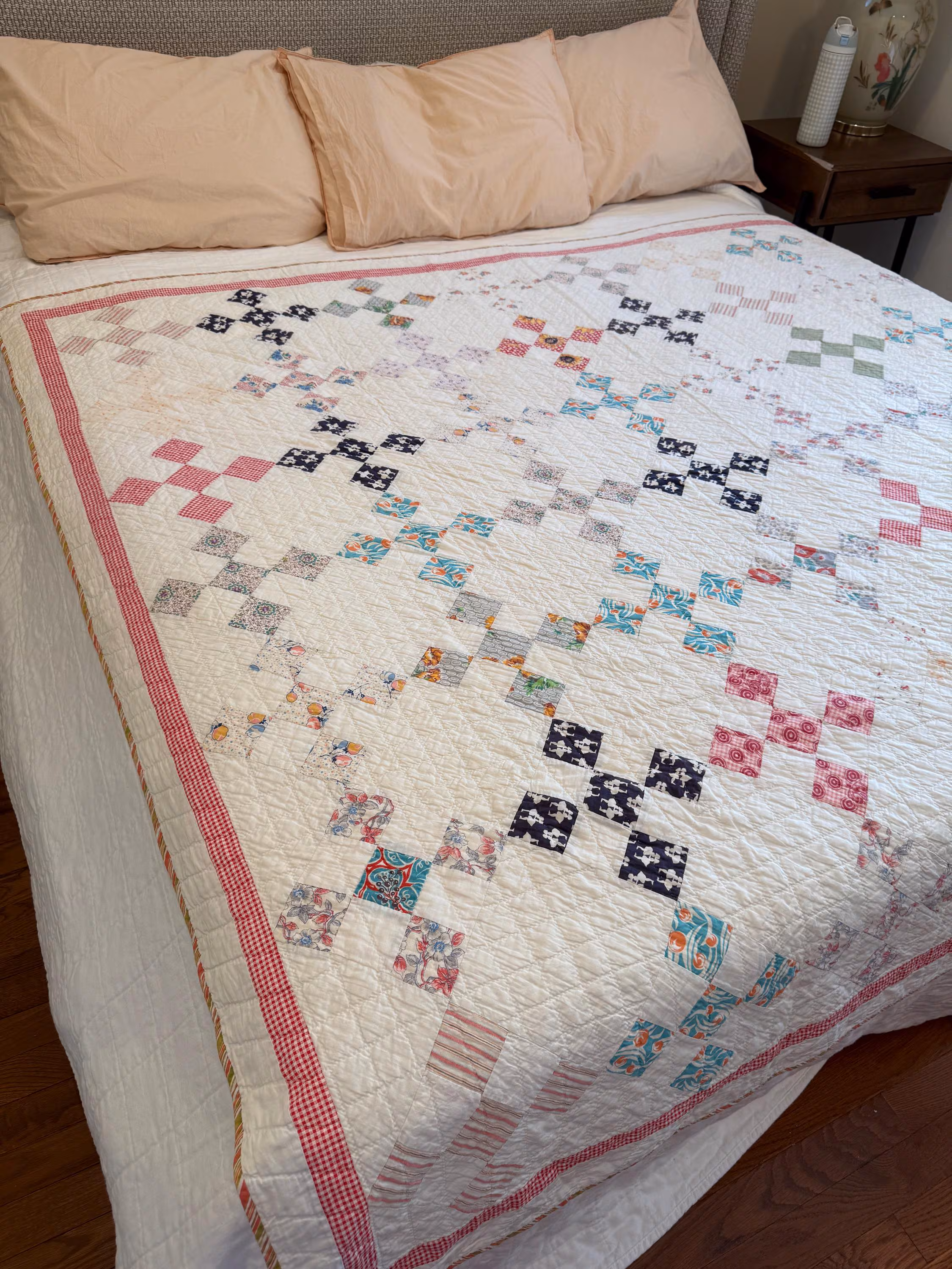 Vintage Handmade Patchwork Quilt, Nine-Patch On-Point Scrappy Quilt, Cozy Farmhouse Bedding, Cottagecore, Hand-Quilted Antique Textile