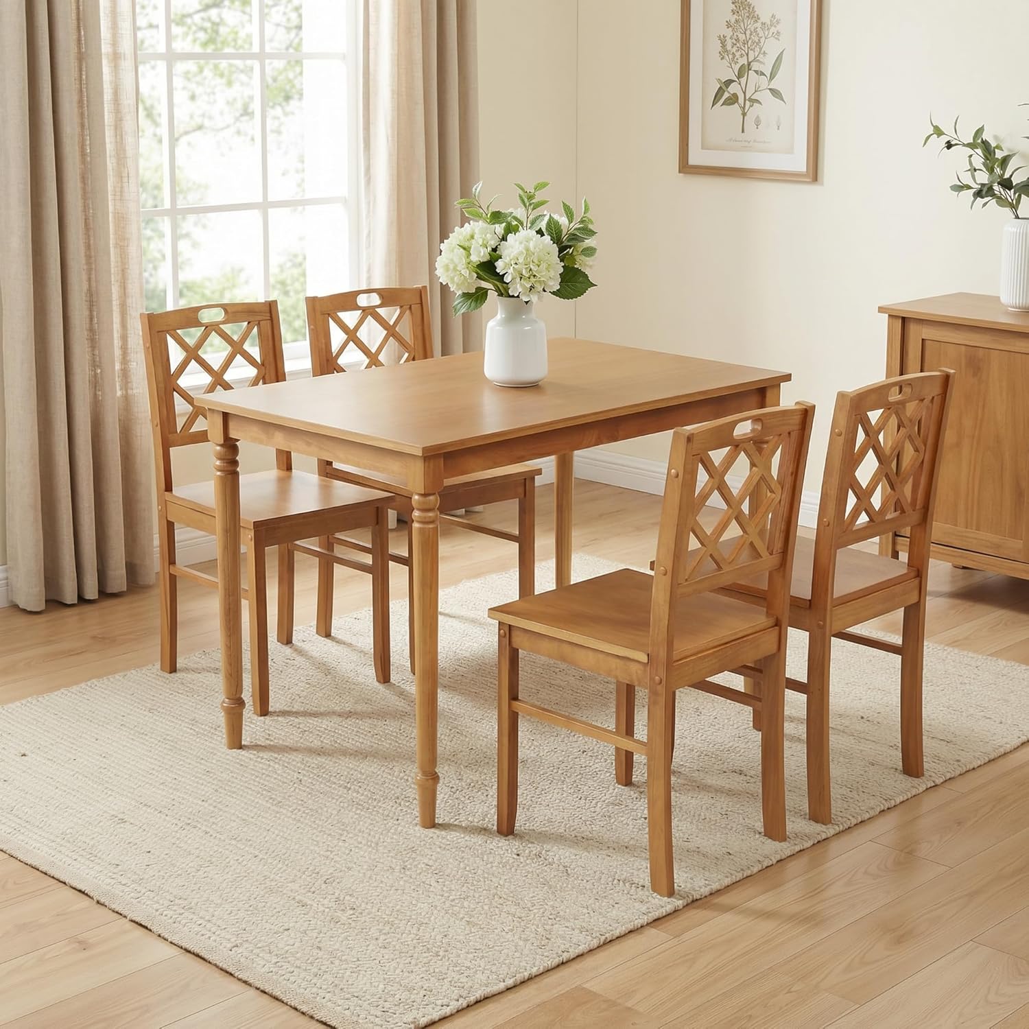 5-Piece Solid Wood Dining Table Set for 4, Farmhouse Rectangular Kitchen Table with 4 Soild Chairs, Space-Saving Design for Small Dining Room, Apartment, Breakfast Nook, Natural-Wood