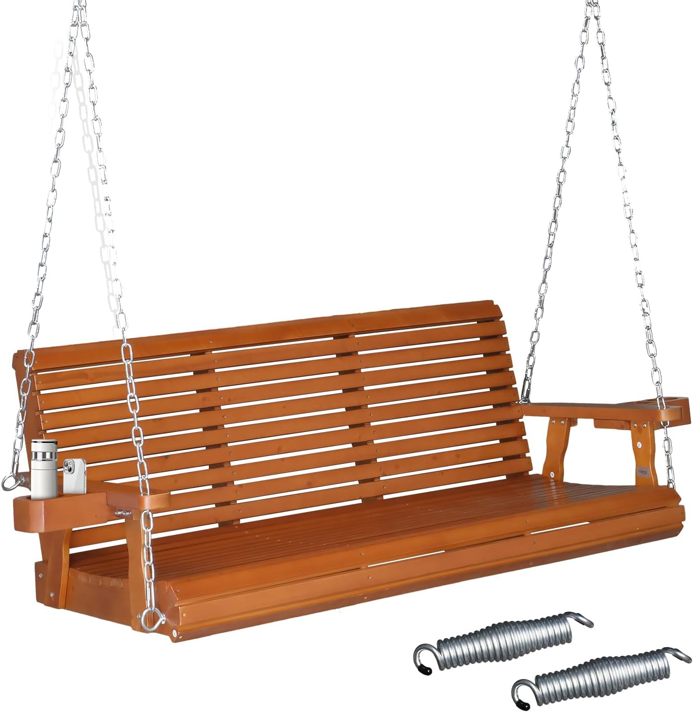 VINGLI XL Size Patio Wooden Porch Swing Outdoor with Cup Holders & Phone Slots  Heavy Duty 880 LBS Hanging Swing Chair Bench with Hanging Chains for Yard  Lawn  Garden (5 FT Pro  Brown)