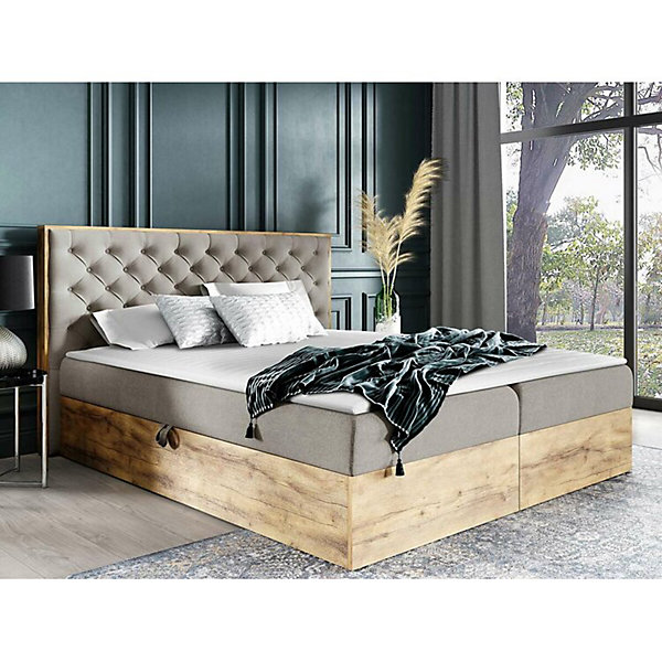 Lit continental Baltimore 182, Unique, Brun clair, Tissu, Disponible