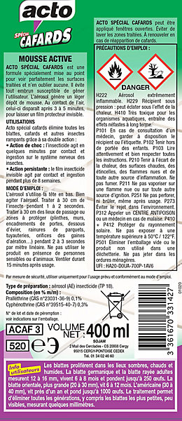 Aérosol anti cafards et blattes Acto 400 ml