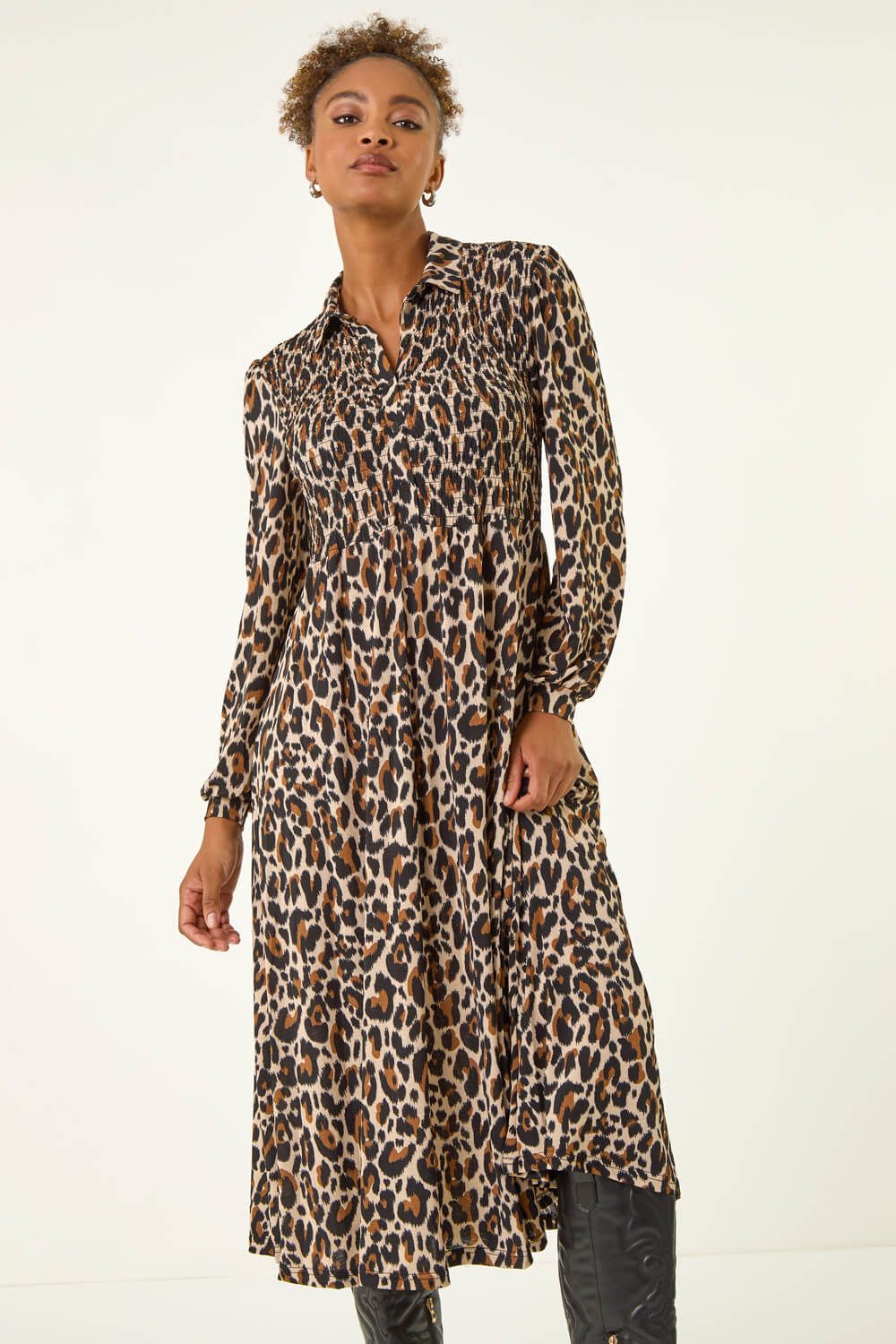 Roman Animal Print Shirred Midi Dress