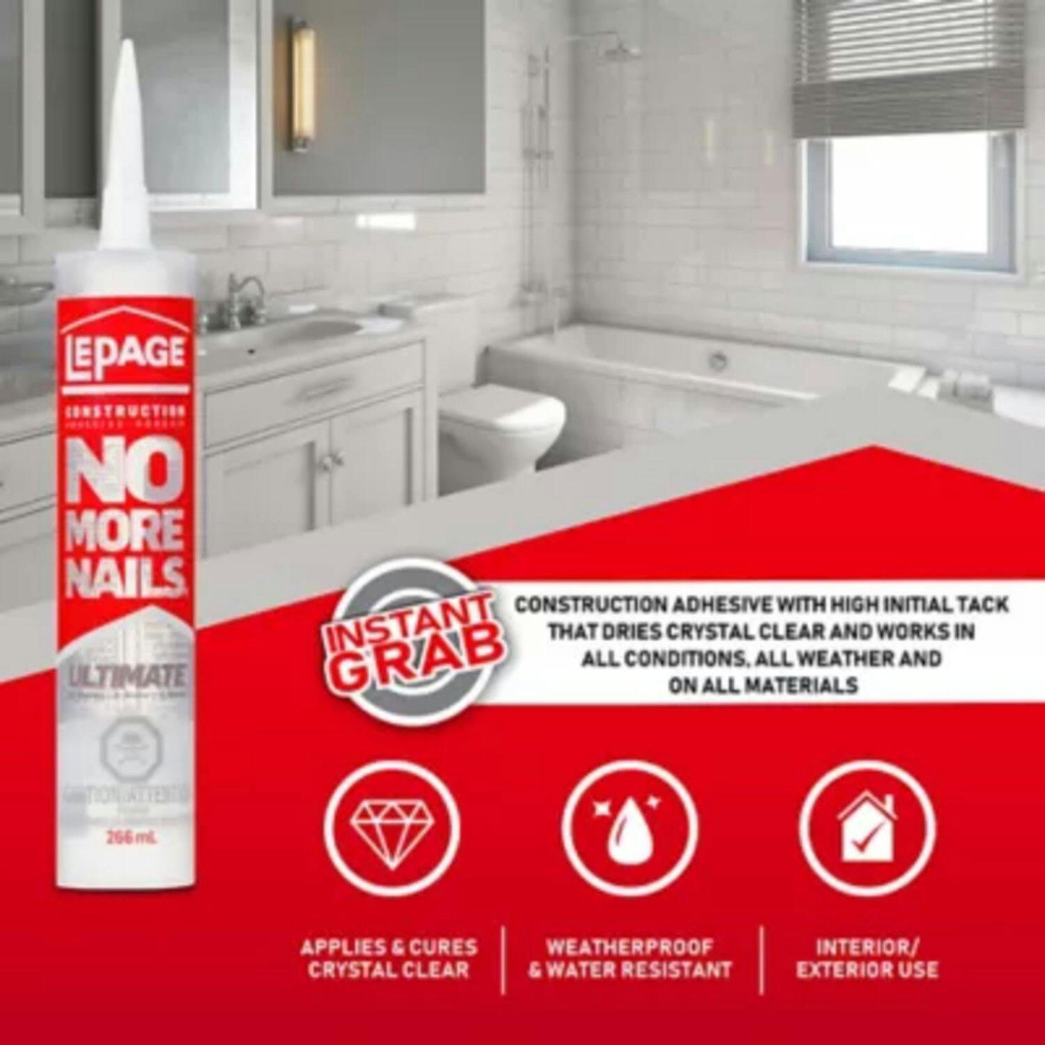 LePage No More Nails Ultimate Crystal Clear All-Purpose Construction Adhesive Glue, 266-mL