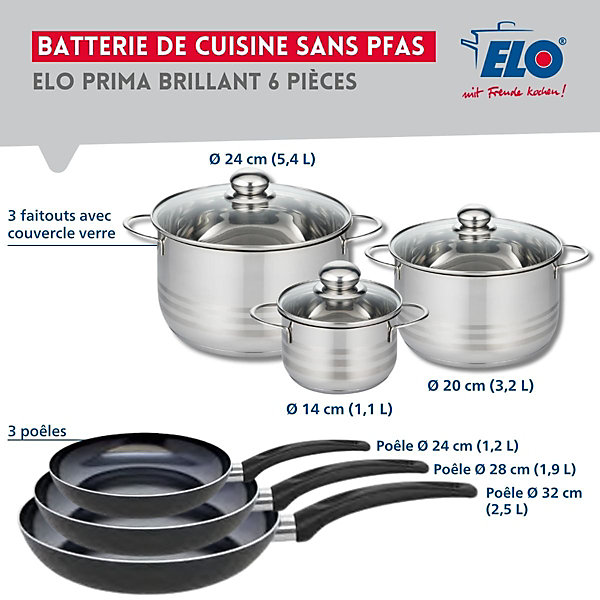 Ensemble de 3 Poêles de cuisson 24, 28 et 32 cm et 3 faitouts 14, 20 et 24 cm Elo Prima Brillant