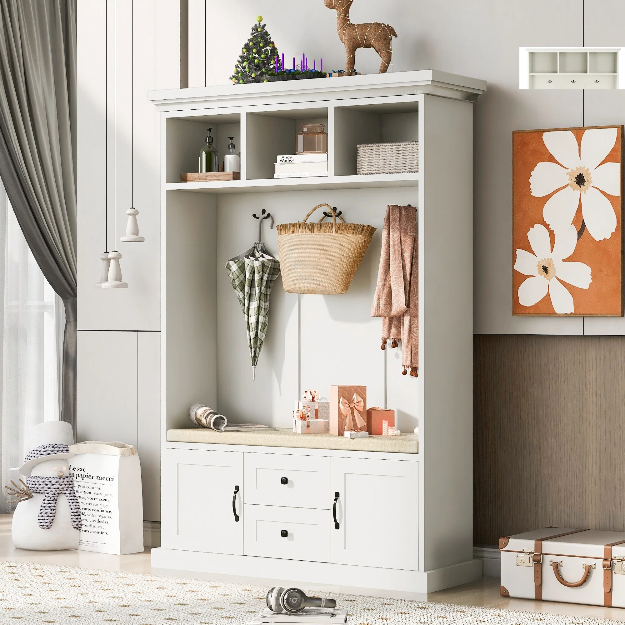 47.2 Hall Tree with 3 Hooks, Open Shelves, Wood Entryway Bench with Shoe Cabinet, Mudroom Coat Rack Cabinet