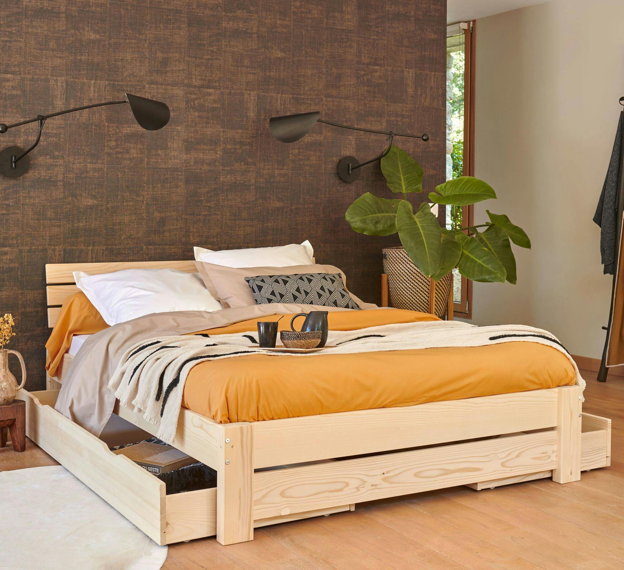 WILLAN - Lit en bois massif avec tiroirs de rangement brut 160 x 200 cm