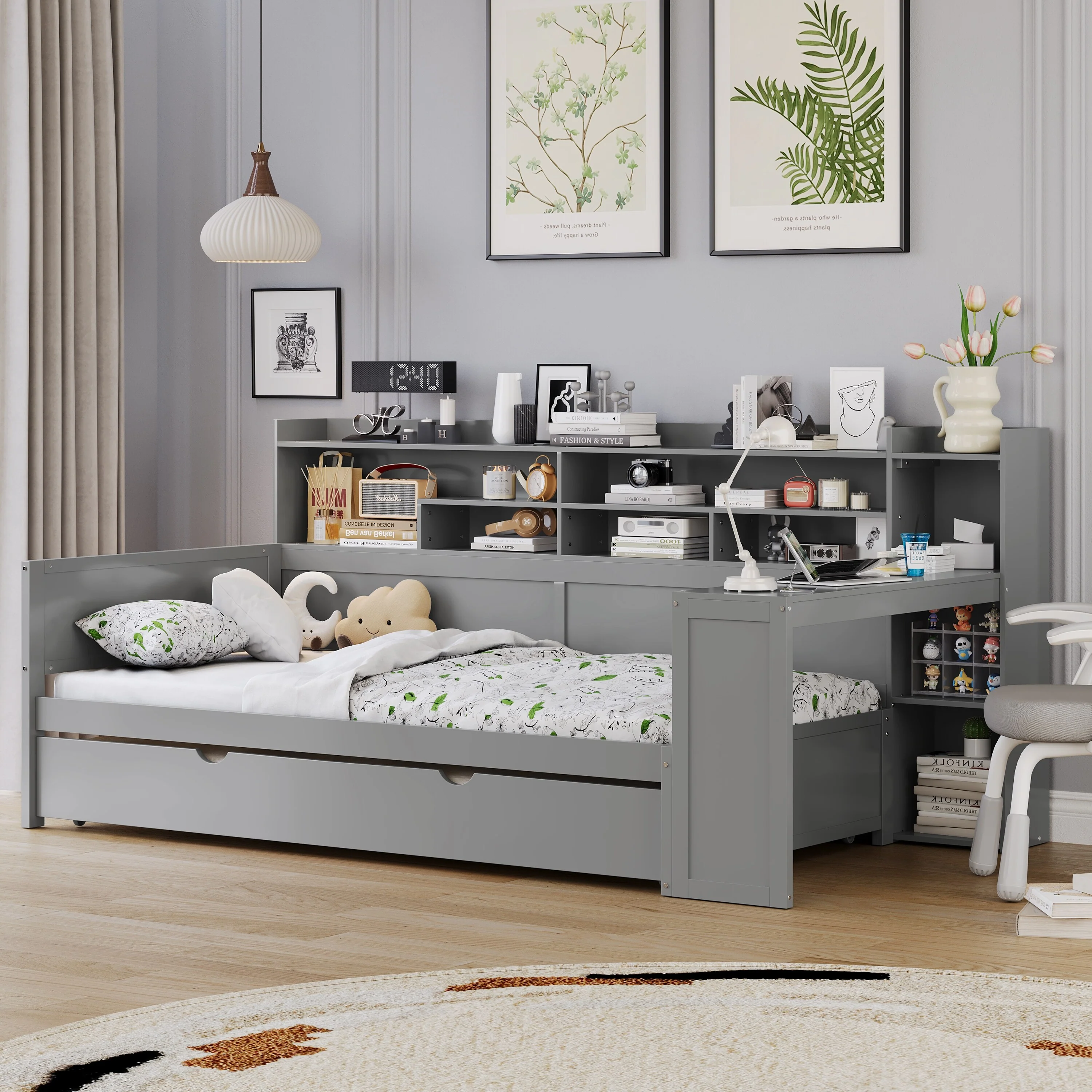 Wooden Twin Size Daybed with Storage Shelves, Multi-functional Bed with Twin Size Trundle Bed and Study Desk, Gray
