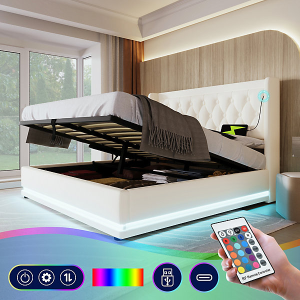 Lit coffre 180x200 cm - Lit coffre hydraulique avec USB Type-C et LED - PU - Sans Matelas - Blanc