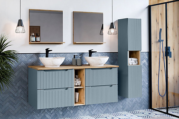 Ensemble meuble sous double vasques avec plan chêne et vasques ANNA 140 cm NOVA DENIM bleu