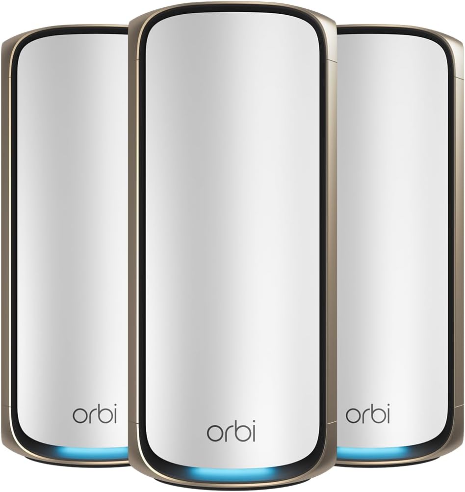 NETGEAR Orbi 970 Series Quad-Band WiFi 7 Mesh Network System (RBE973S)  Router + 2 Satellite Extenders  Security Features  Up to 27Gbps  Covers Up to 10 000 sq. ft.  200 Devices  10 Gig Internet Port