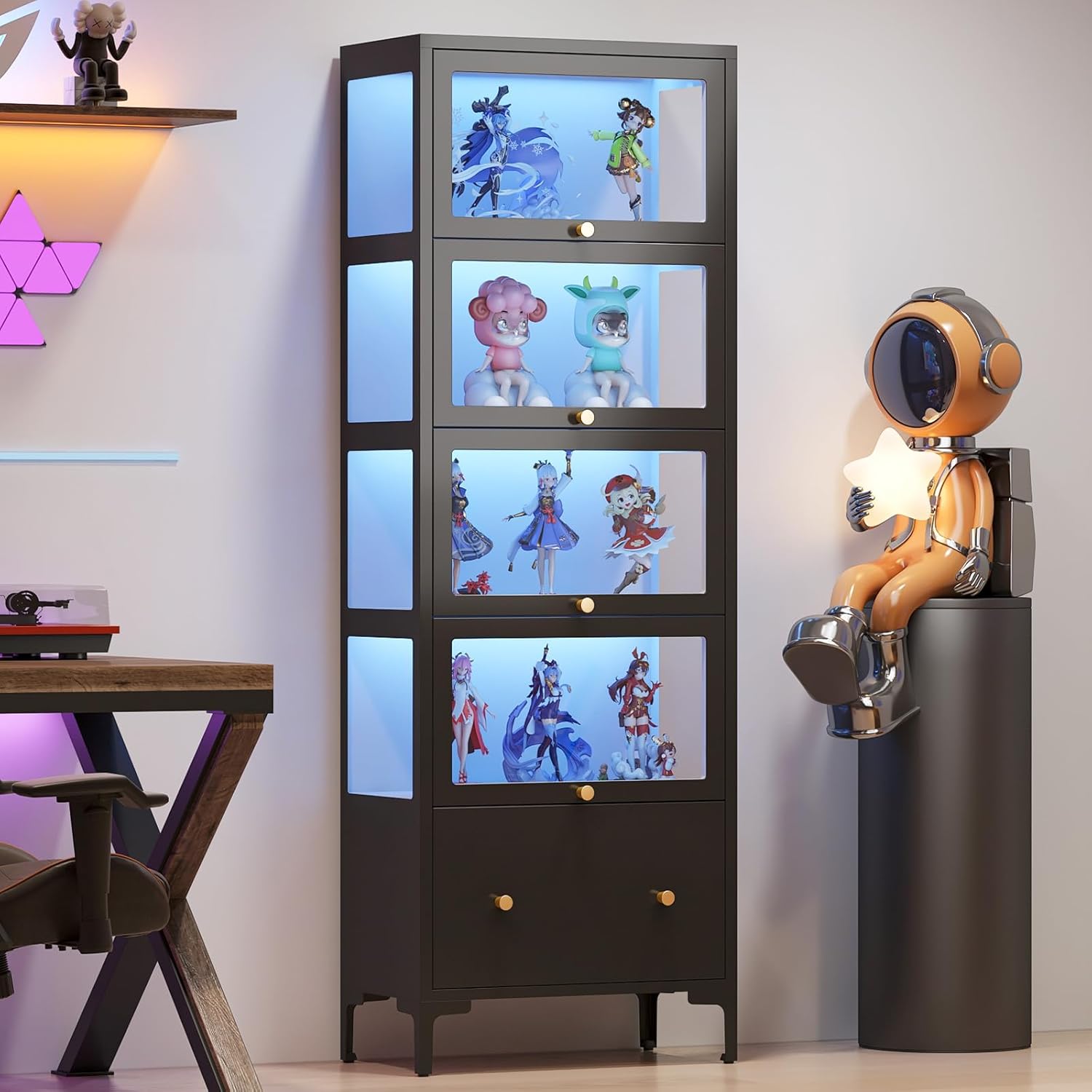 Display Cabinet with Glass Doors, 67 Metal Curio Cabinet with Drawer & 13-Color RGB LED Lights, 5-Tier Glass Display Case for Collectibles, Figure, Toys, Books, Black