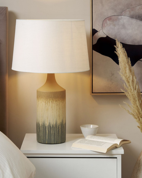Lampa stołowa nocna ceramiczna beżowa z szarym