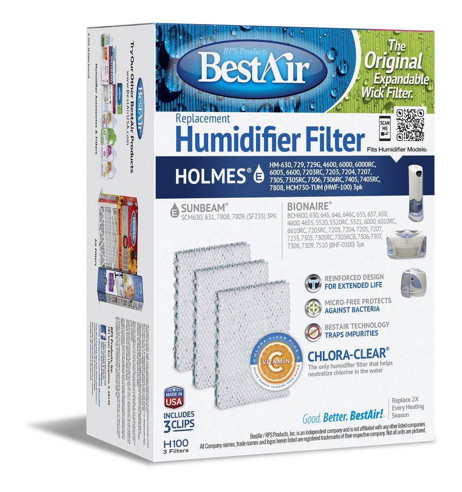 BestAir H100-PDQ-3 Humidifier Replacement Paper Wick Filter For Holmes/Sunbeam/Bionaire Humidifiers, 3-pk