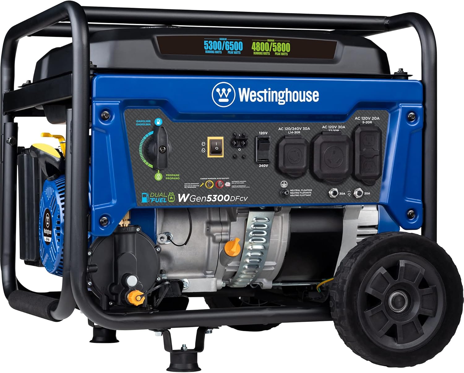 Westinghouse 6500 Watt Dual Fuel Home Backup Portable Generator  Transfer Switch Ready 30A Outlet  RV Ready 30A Outlet  CO Sensor