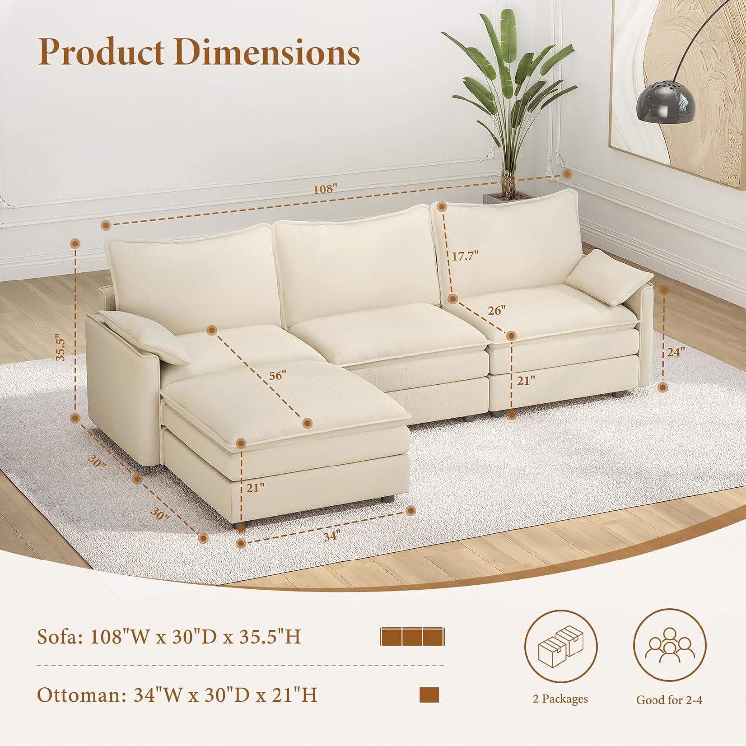 Vesgantti 108 Modular Sectional Sofa, Comfy Cloud Couch with Movable Ottoman Deep Seat Chenille L Shaped Modular Sofa, Sectional Couches for Living Room, Bedroom and Apartment, Beige