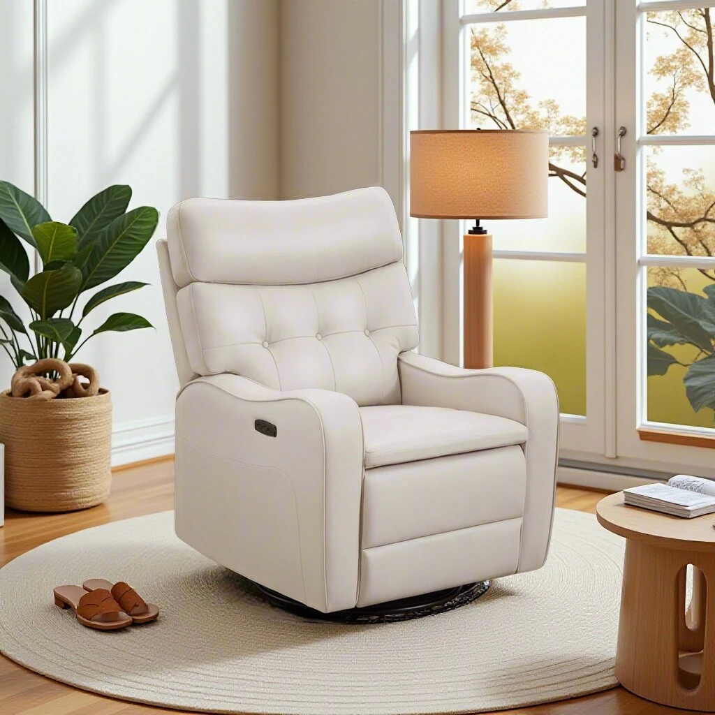 Wide Tufted Back Faux Leather Power Swivel Rocker Recliner With USB and Type-C Port