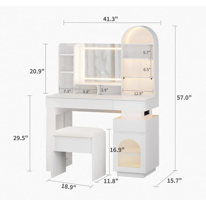 Vanity Desk with Lighted Mirror, Makeup Vanity Table with 3 Storage Drawers and 11 Shelves