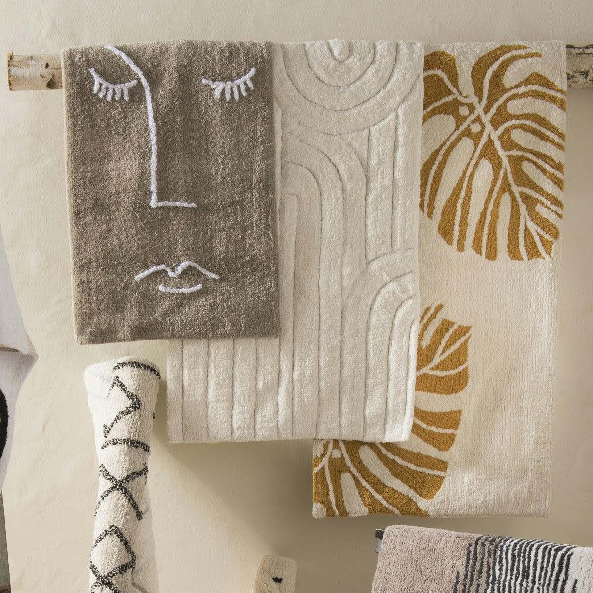 RETRO - Tapis coton uni ivoire motif arc 60x120cm