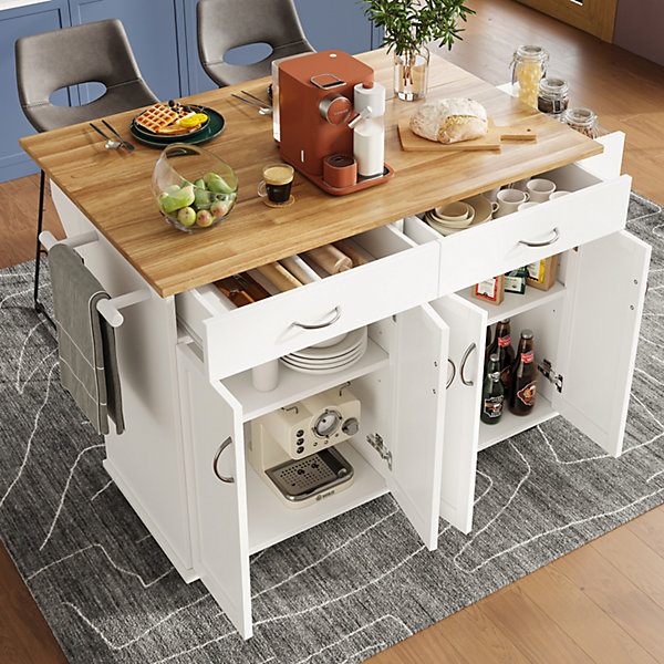 Îlot de Cuisine Mobile avec Plan de Travail et Espace de Rangement, design Compact - Métal   MDF - Blanc - 128x50-78x90,5 cm