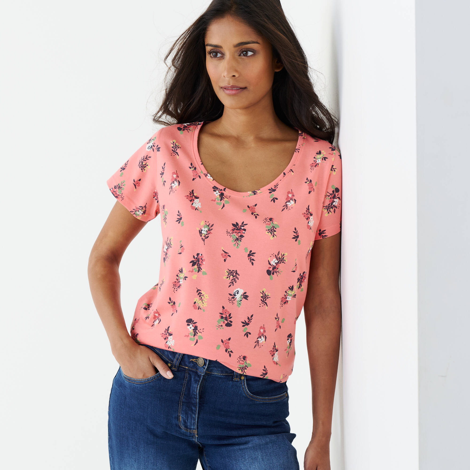 T-shirt col rond imprimé fleuri coton