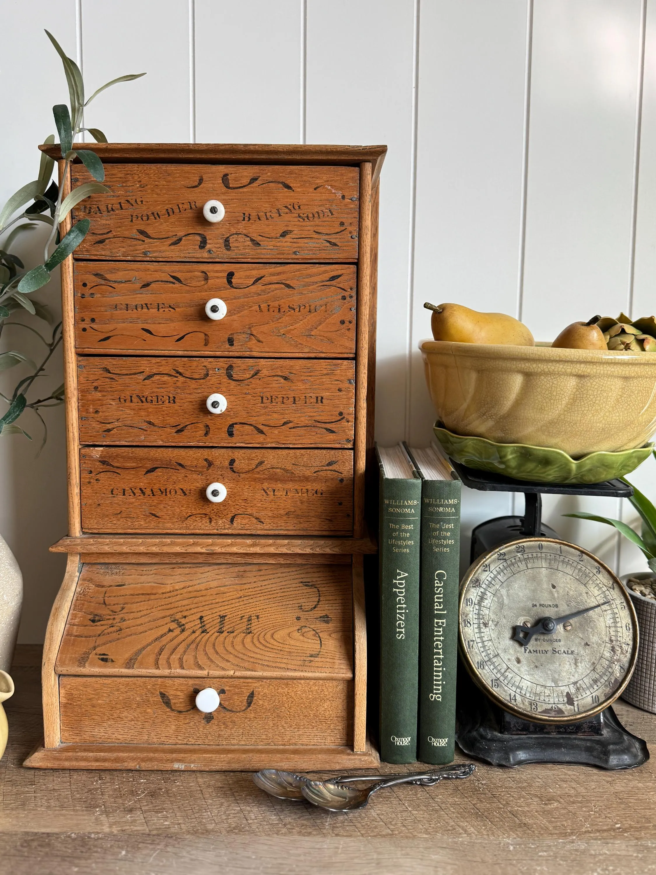 Antique Wooden Spice Cabinet | Primitive Apothecary Drawers | Porcelain Knobs | Stenciled Farmhouse Kitchen Storage Box