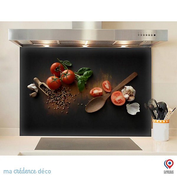 Crédence cuisine fond de hotte Tomates sur bois - Verre trempé - L 70 cm x H 60 cm - MaCrédenceDéco