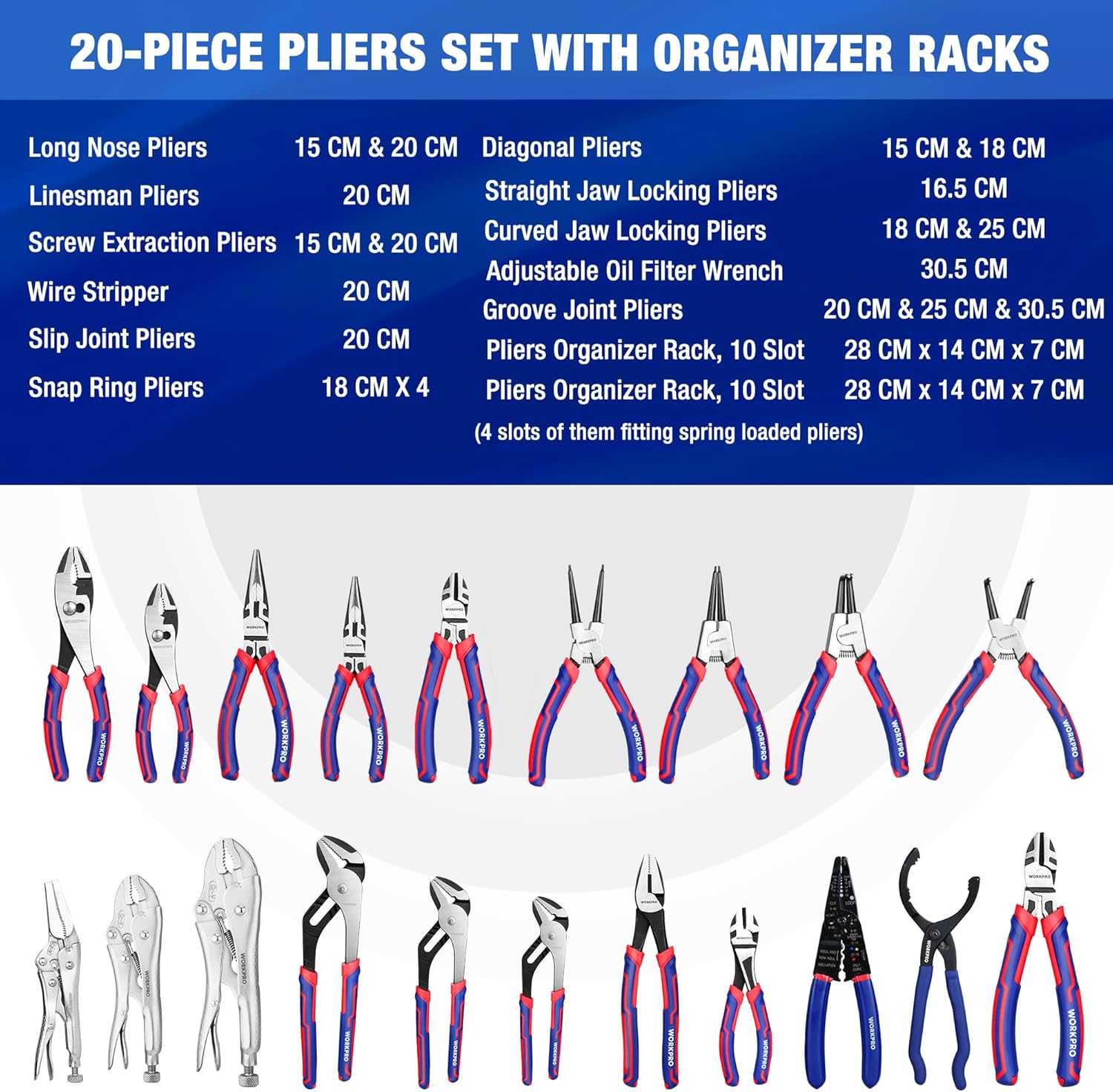WORKPRO Pliers Set, 20 Pieces Pliers Tool Set with 2 Packs Organizer Rack, Slip Joint Pliers, Channel Locks Plier and Vise Grip Plier Assortment for Home, Garage, Mechanics & DIY Projects