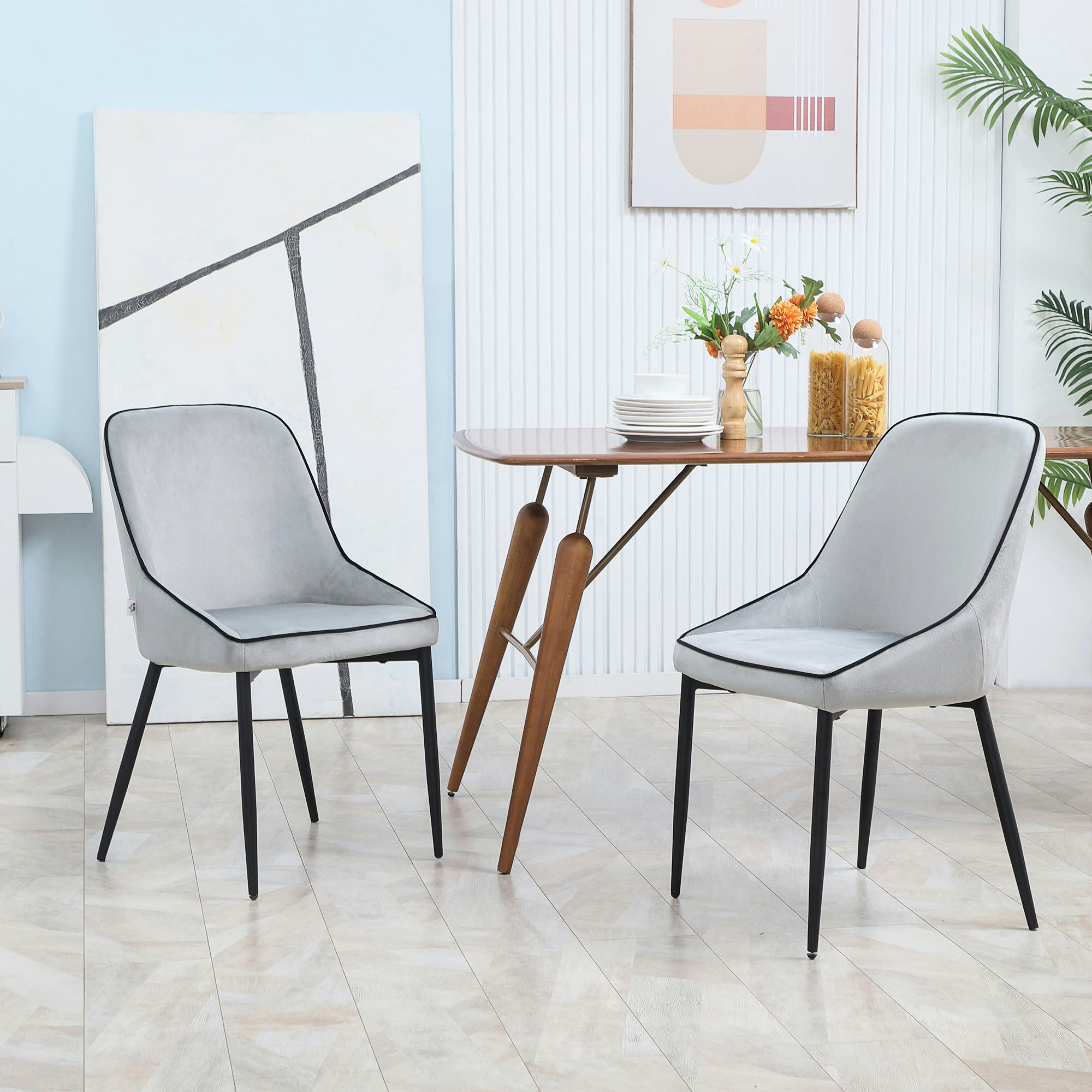 - Lot de 2 chaises design piètement acier noir aspect velours gris clair