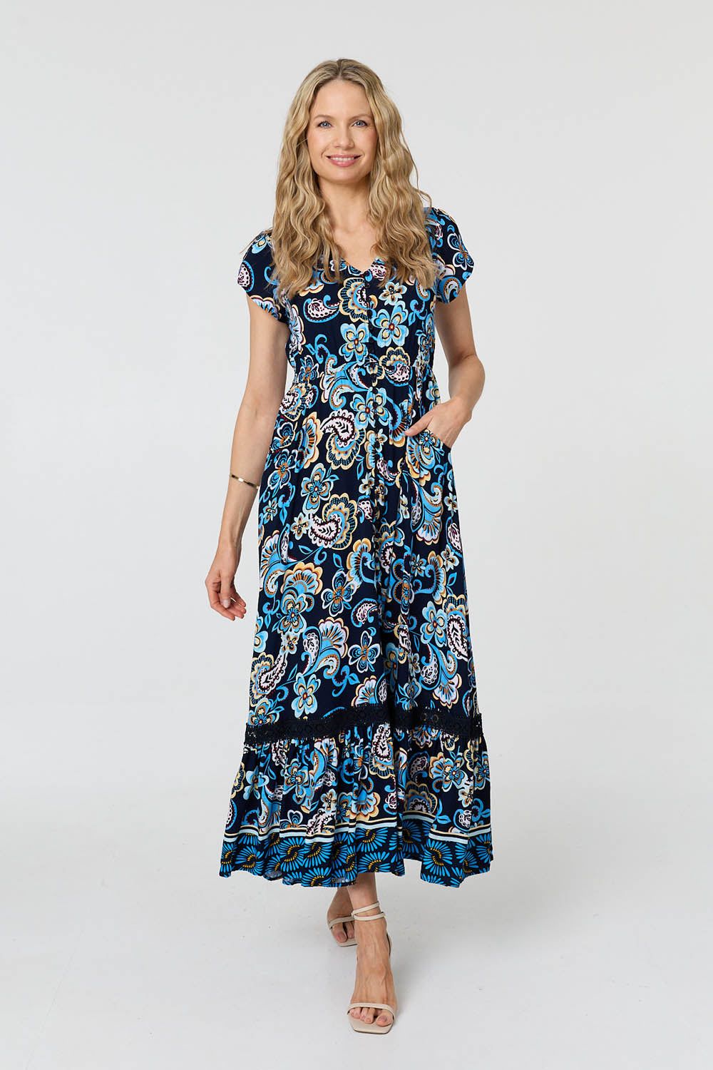 Izabel London Floral Lace Trim Cap Sleeved Maxi Dress
